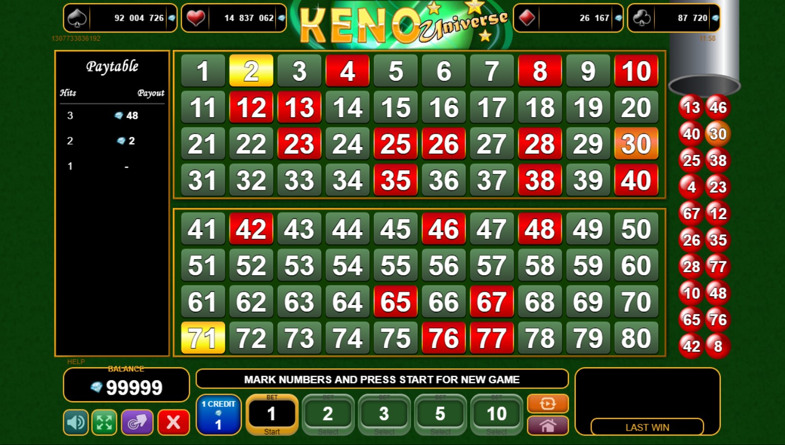 Keno Universe играть